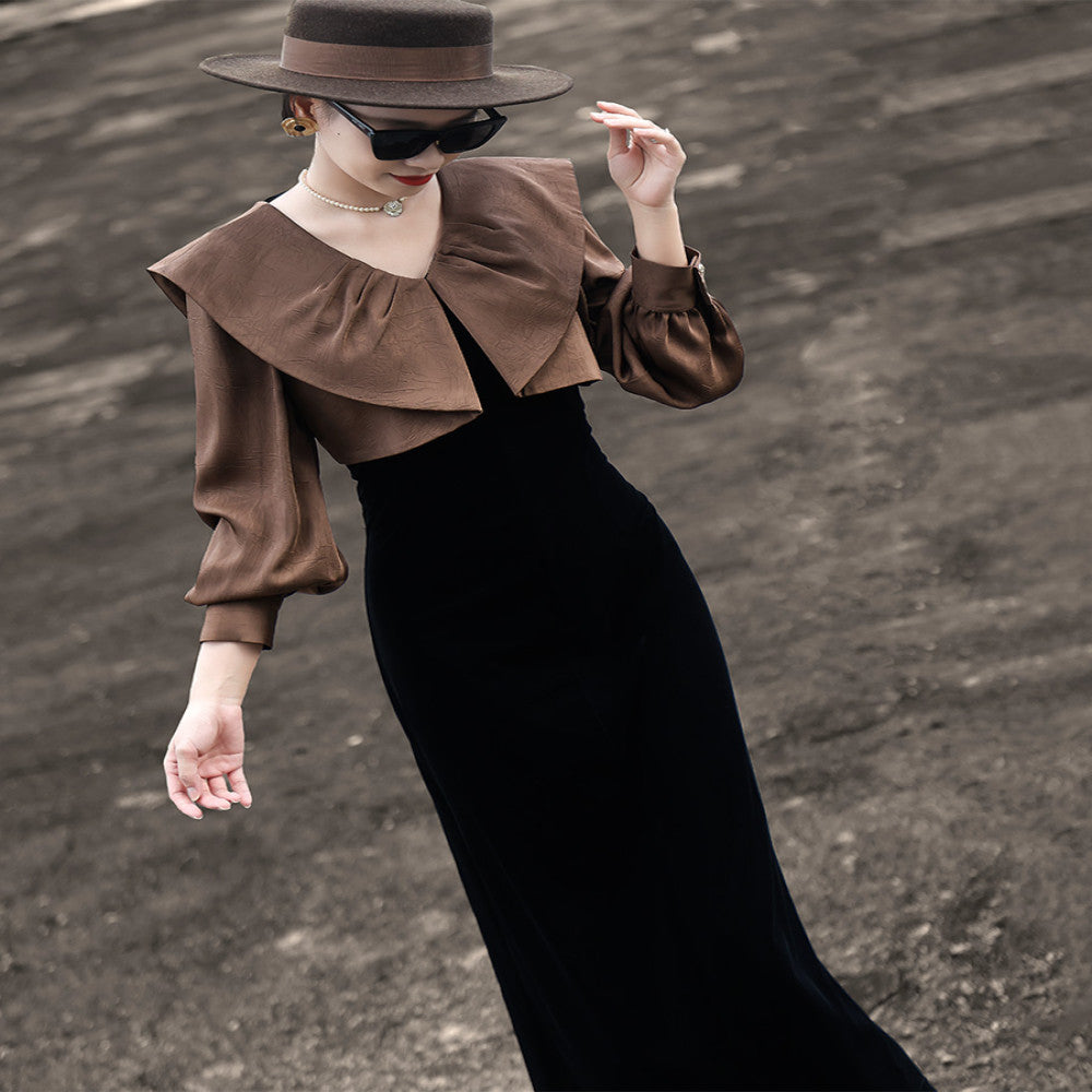 Lanser 2025 autumn new elegant false two piece stitching long sleeved doll collar black velvet dress image 8