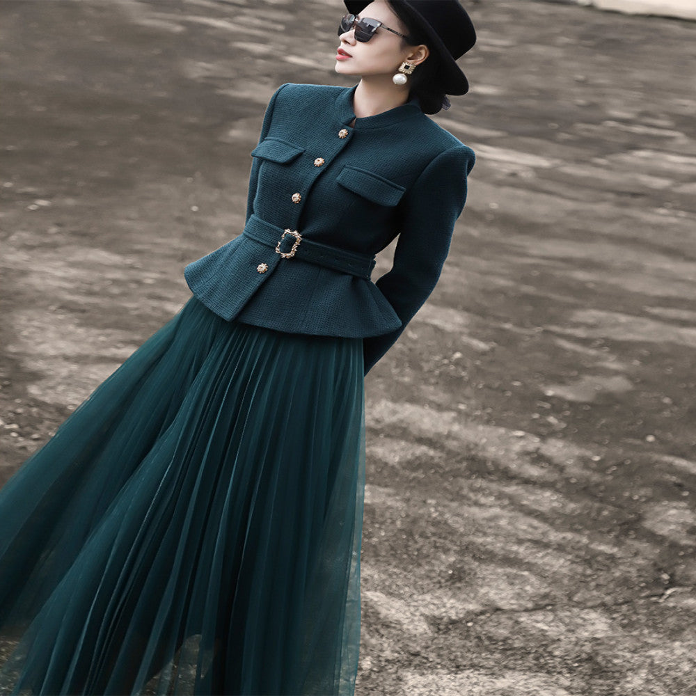 Lanser 2025 Autumn Winter New Style Woolen Short Coat Mesh Half Skirt Two piece Fashion Set Skirt image 8