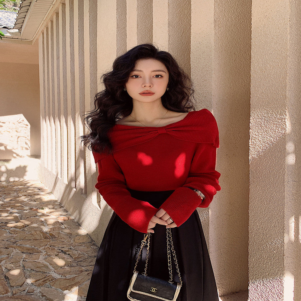Red one shoulder off shoulder wool sweater bottoming top autumn and winter new Christmas wear battle robe engagement dress image 2