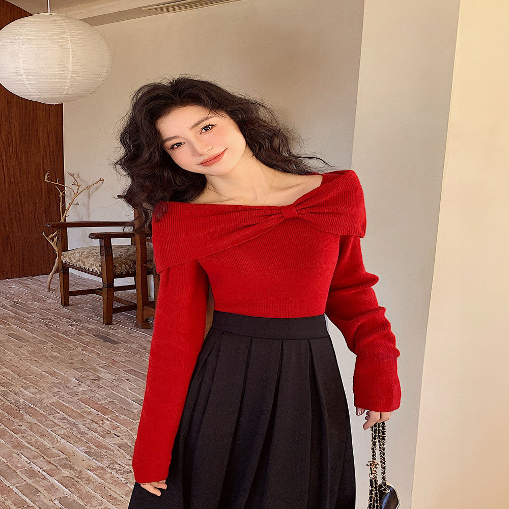 Red one shoulder off shoulder wool sweater bottoming top autumn and winter new Christmas wear battle robe engagement dress image 3