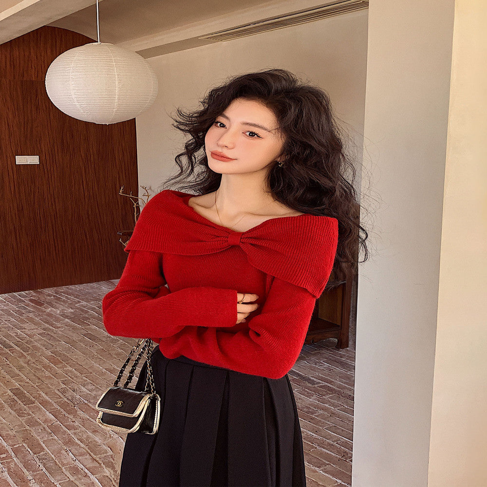 Red one shoulder off shoulder wool sweater bottoming top autumn and winter new Christmas wear battle robe engagement dress image 4