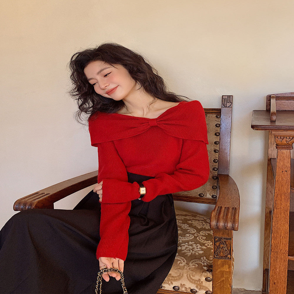 Red one shoulder off shoulder wool sweater bottoming top autumn and winter new Christmas wear battle robe engagement dress image 5