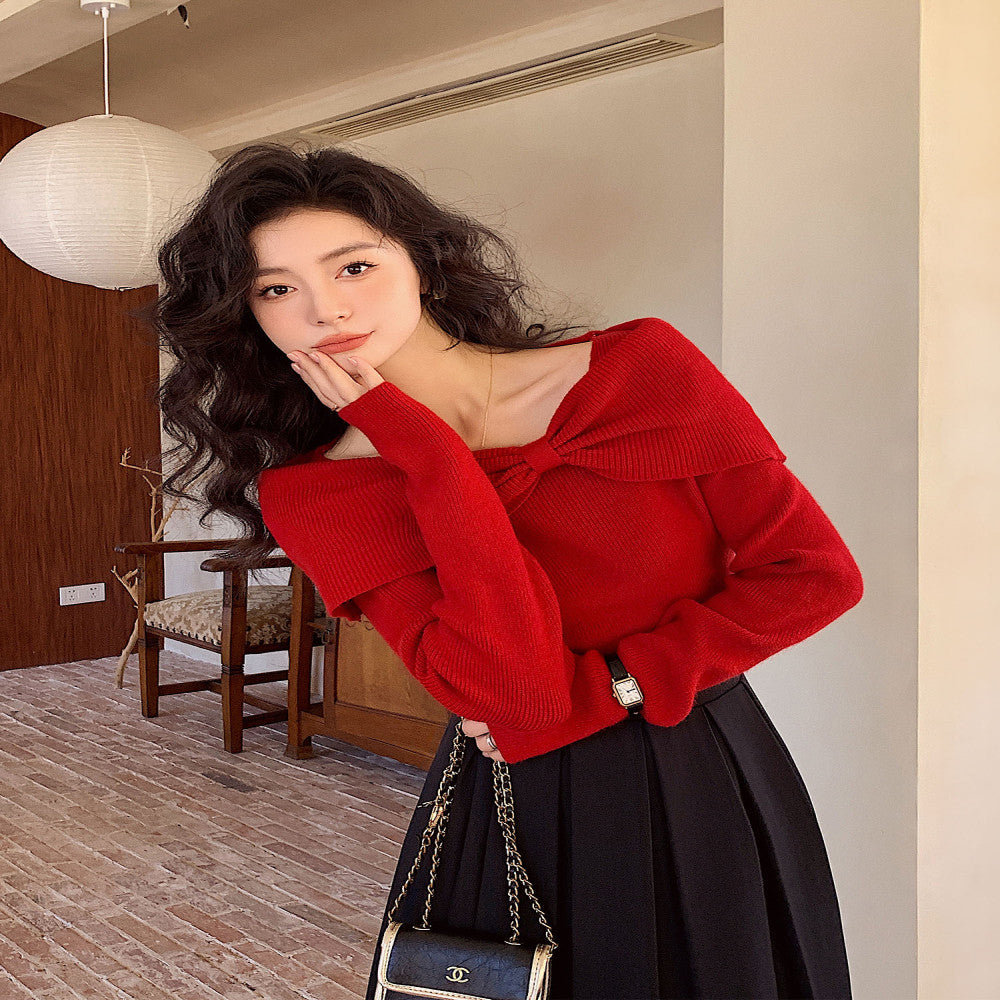 Red one shoulder off shoulder wool sweater bottoming top autumn and winter new Christmas wear battle robe engagement dress image 0