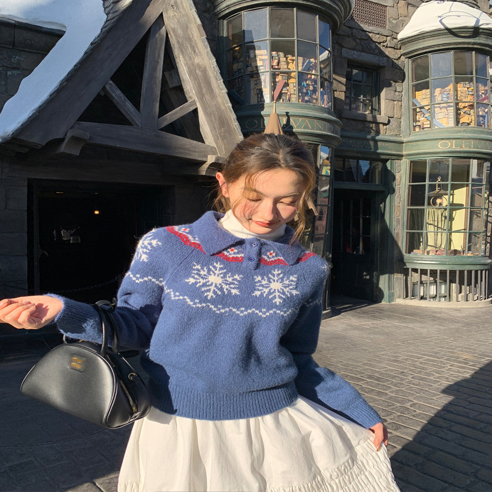 Hello Canon POLO collar snowflake jacquard knitted women s spring and autumn 2025 new loose collar small sweater image 3