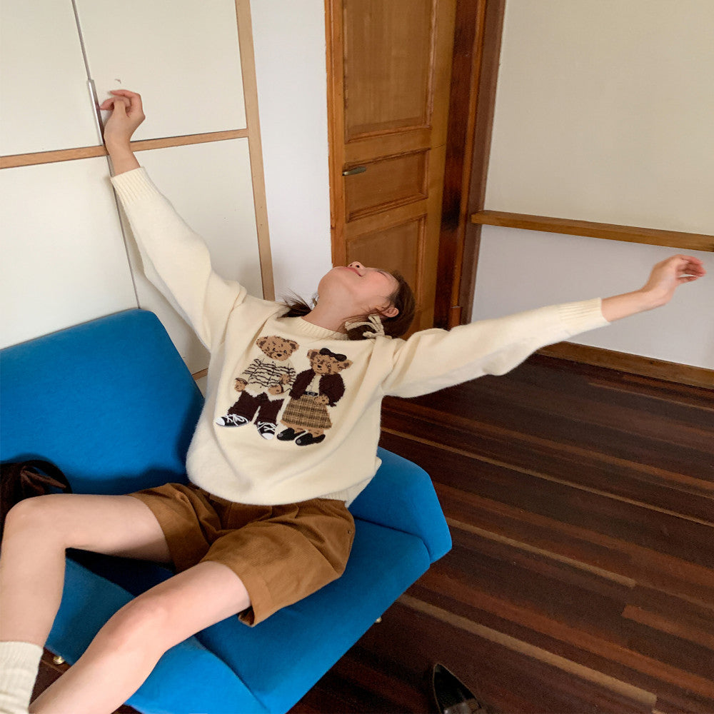 Hello Canon Retro Cartoon Bear Jacquard Round Neck Knitted Sweater for Women Spring New Loose Small Sweater image 2