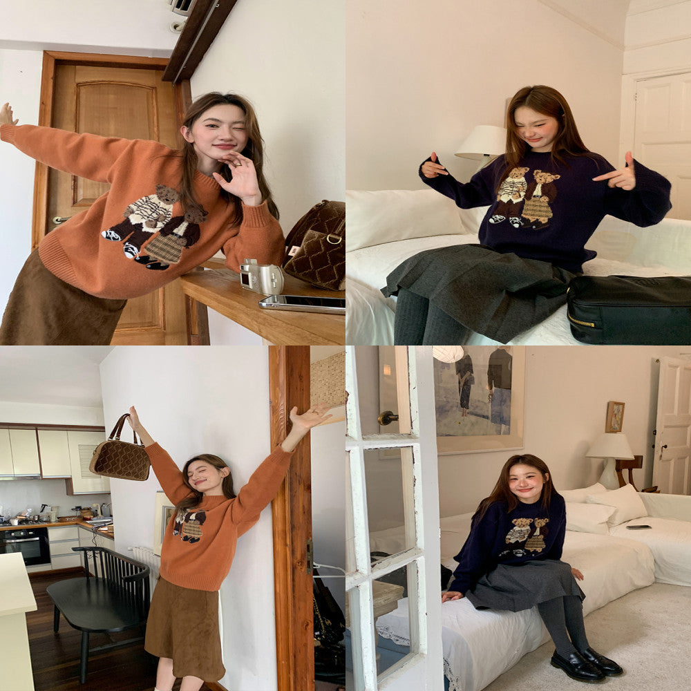 Hello Canon Retro Cartoon Bear Jacquard Round Neck Knitted Sweater for Women Spring New Loose Small Sweater image 3