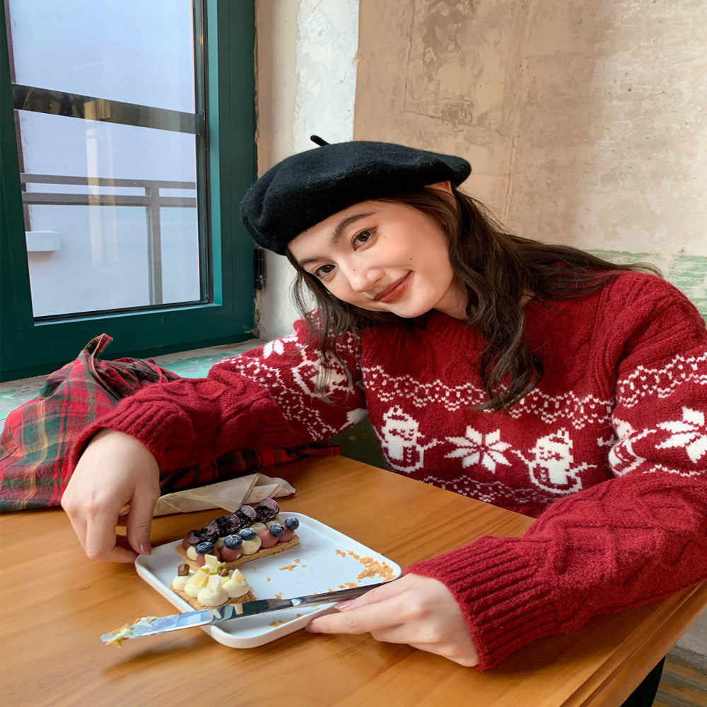 Hello Canon Christmas atmosphere jacquard round neck sweater women s spring and autumn 2025 new loose warm knitted sweater image 2