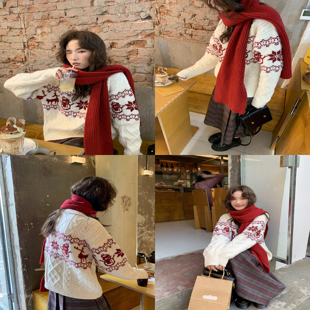 Hello Canon Christmas atmosphere jacquard round neck sweater women s spring and autumn 2025 new loose warm knitted sweater image 4