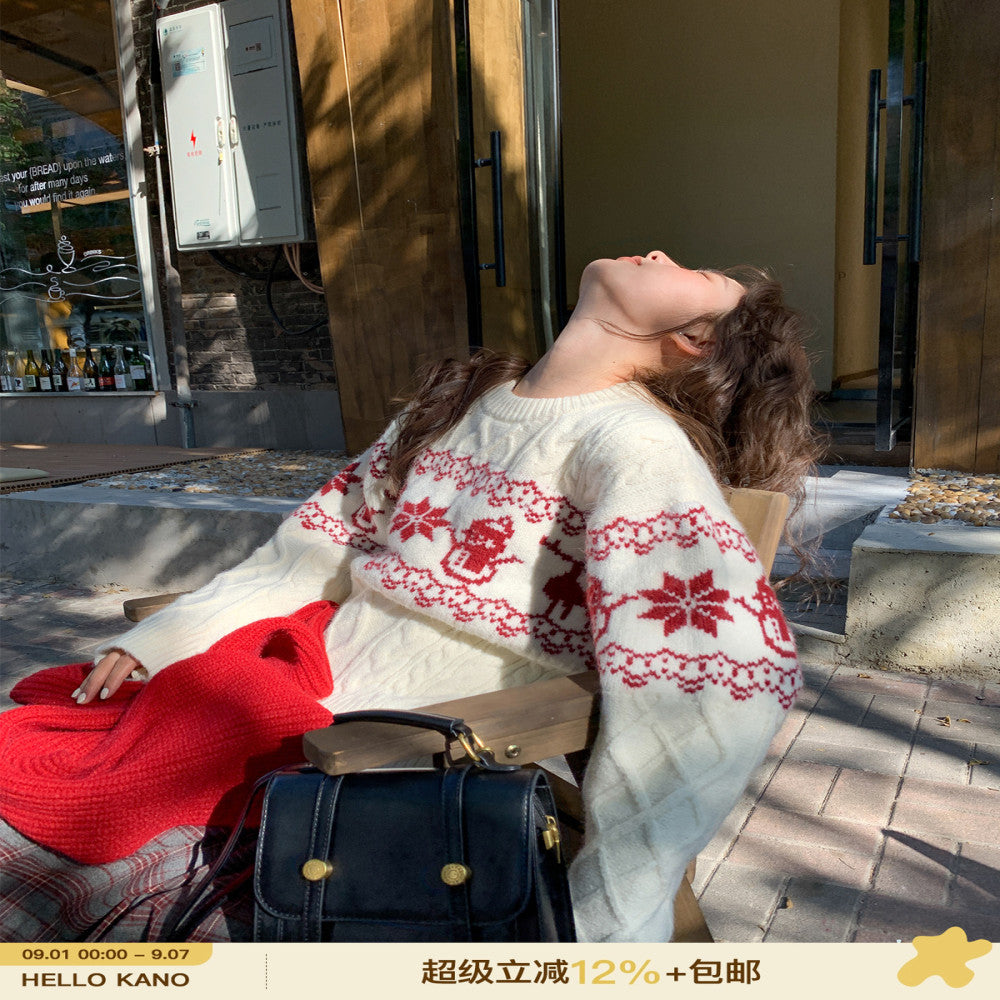 Hello Canon Christmas atmosphere jacquard round neck sweater women s spring and autumn 2025 new loose warm knitted sweater image 0