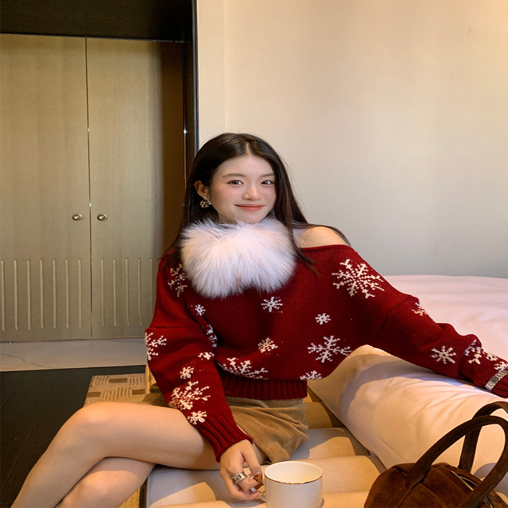 50 off RARE ME Winter Christmas Atmosphere Lazy Shoulder Sweater Snowflake Pattern Top image 3