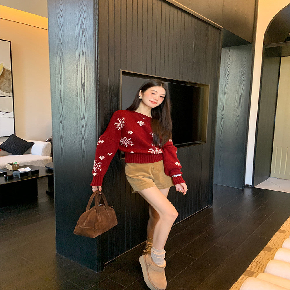 50 off RARE ME Winter Christmas Atmosphere Lazy Shoulder Sweater Snowflake Pattern Top image 5