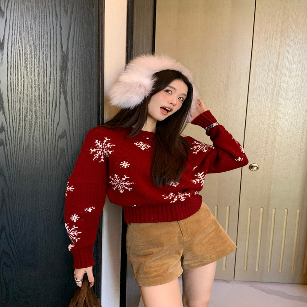 50 off RARE ME Winter Christmas Atmosphere Lazy Shoulder Sweater Snowflake Pattern Top image 0