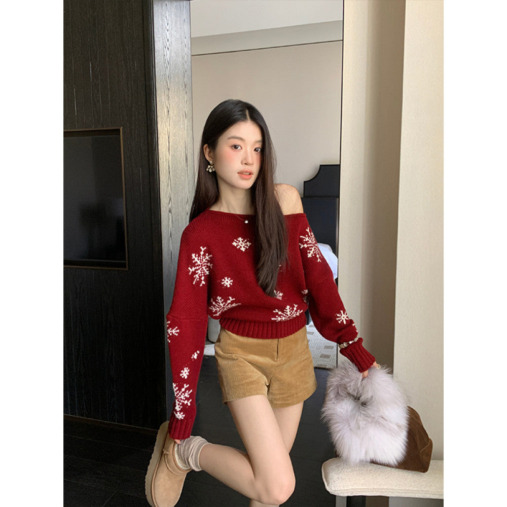 50 off RARE ME Winter Christmas Atmosphere Lazy Shoulder Sweater Snowflake Pattern Top image 11