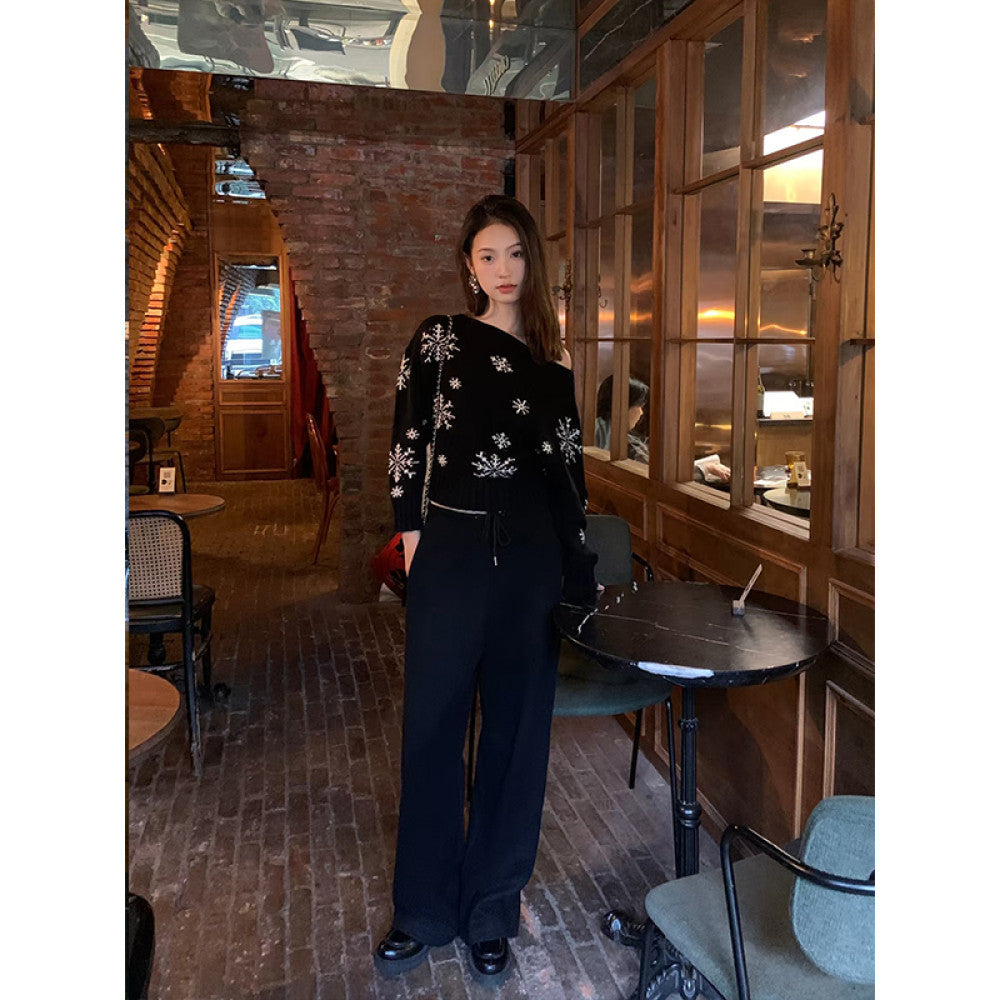 50 off RARE ME Winter Christmas Atmosphere Lazy Shoulder Sweater Snowflake Pattern Top image 16