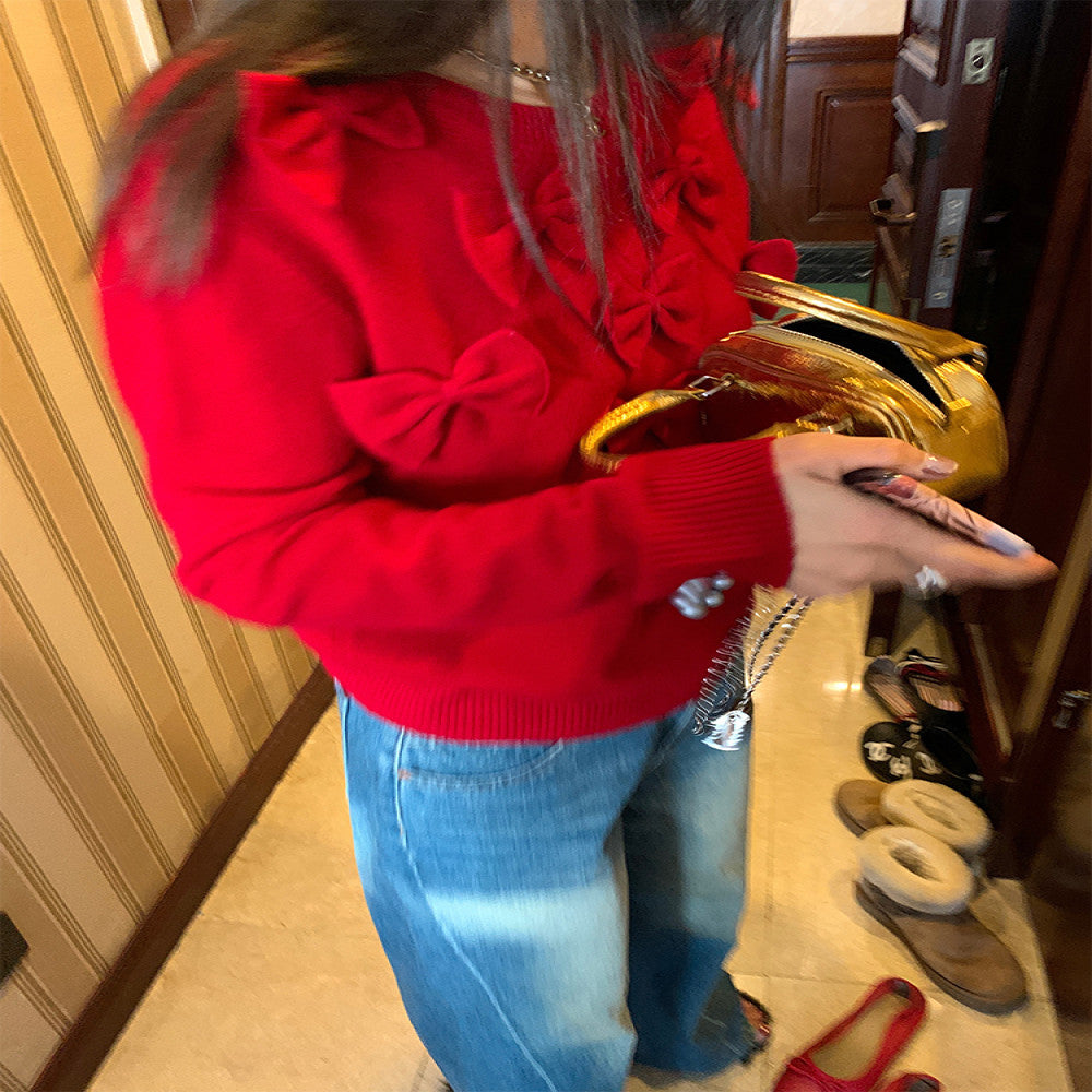 Luozhuanjie red pullover sweater for women 2024 new design sense niche bow pullover cotton wool top image 2