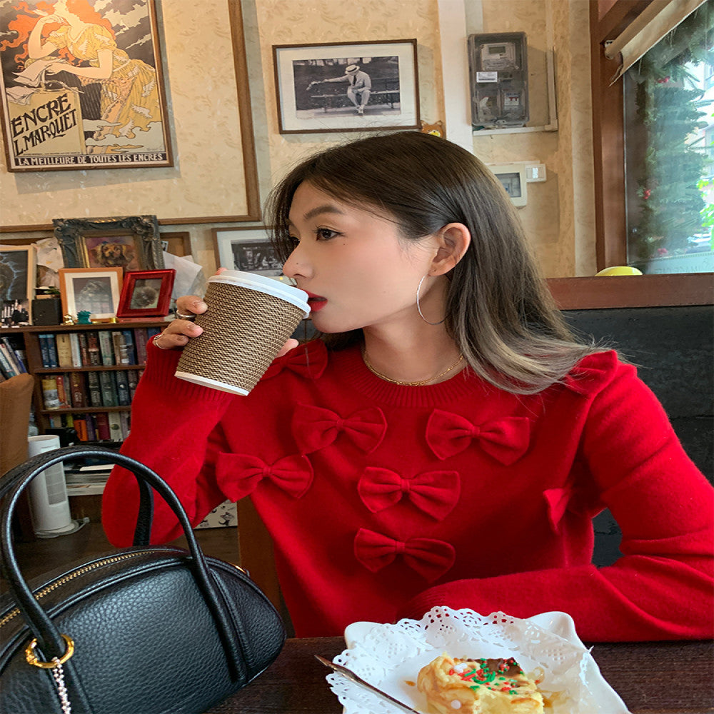 Luozhuanjie red pullover sweater for women 2024 new design sense niche bow pullover cotton wool top image 3
