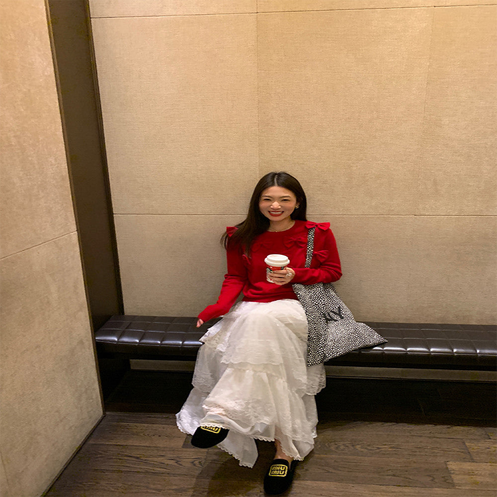 Luozhuanjie red pullover sweater for women 2024 new design sense niche bow pullover cotton wool top image 4