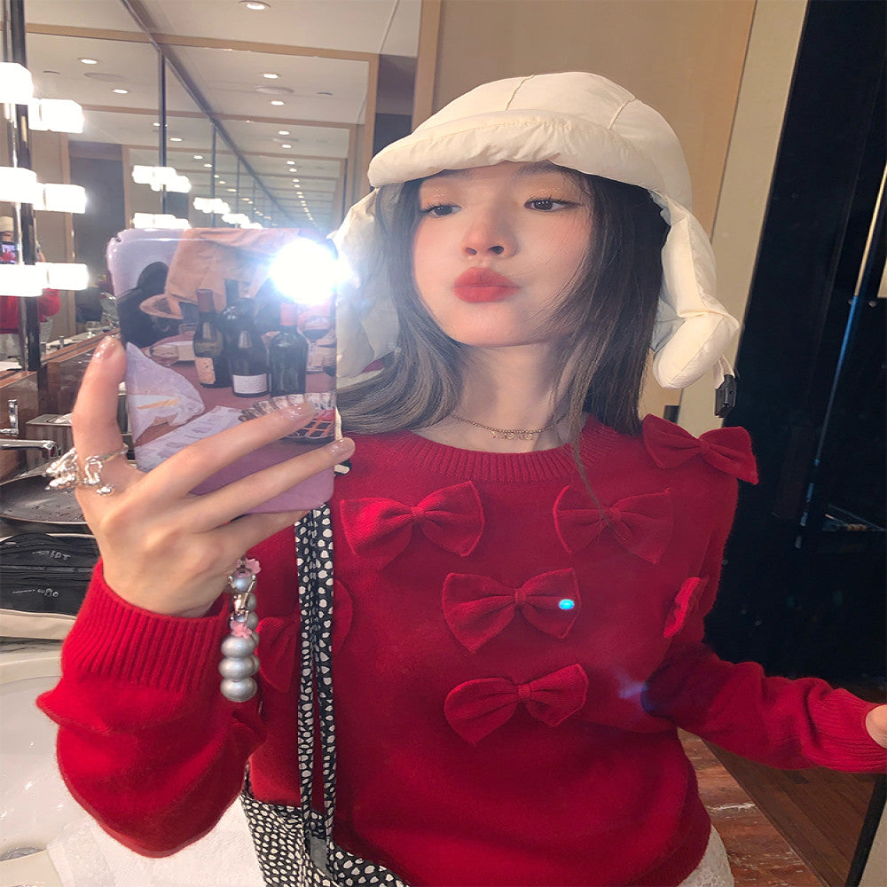 Luozhuanjie red pullover sweater for women 2024 new design sense niche bow pullover cotton wool top image 5