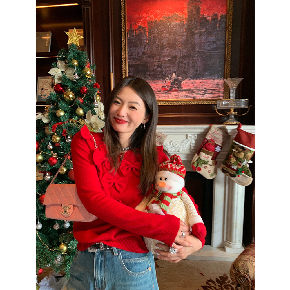 Luozhuanjie red pullover sweater for women 2024 new design sense niche bow pullover cotton wool top image 10