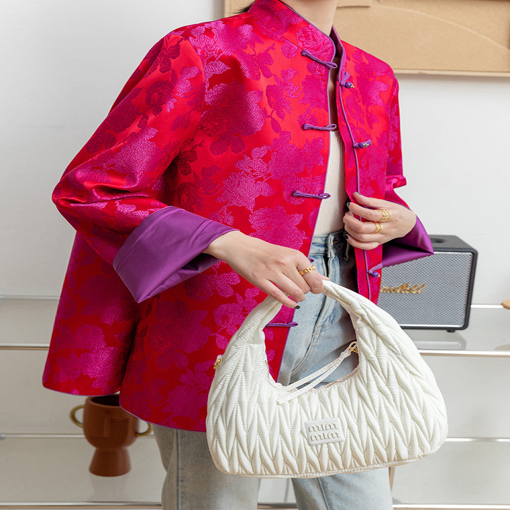 Rose red retro jacquard woven satin jacket for women with a sense of luxury foreign style and improved Chinese style New Chinese style buttoned top trend image 1