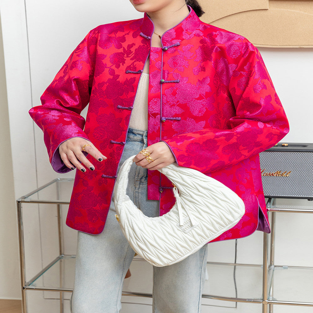 Rose red retro jacquard woven satin jacket for women with a sense of luxury foreign style and improved Chinese style New Chinese style buttoned top trend image 2