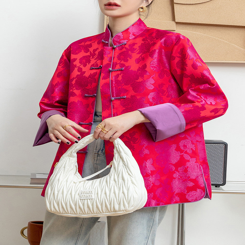 Rose red retro jacquard woven satin jacket for women with a sense of luxury foreign style and improved Chinese style New Chinese style buttoned top trend image 3