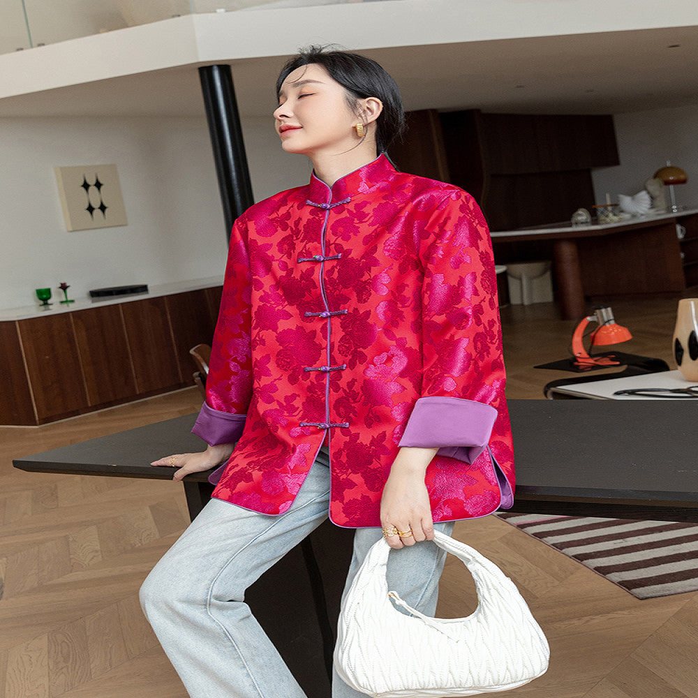 Rose red retro jacquard woven satin jacket for women with a sense of luxury foreign style and improved Chinese style New Chinese style buttoned top trend image 4