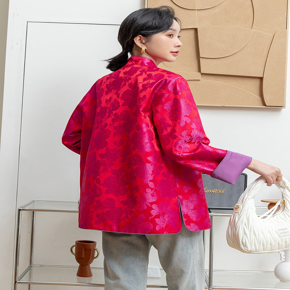 Rose red retro jacquard woven satin jacket for women with a sense of luxury foreign style and improved Chinese style New Chinese style buttoned top trend image 5
