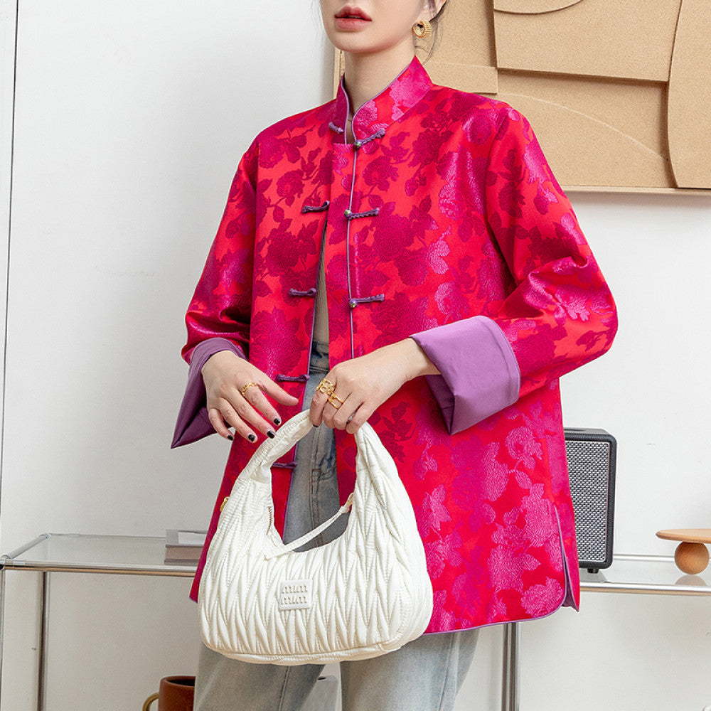 Rose red retro jacquard woven satin jacket for women with a sense of luxury foreign style and improved Chinese style New Chinese style buttoned top trend image 13