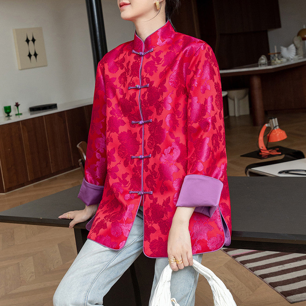 Rose red retro jacquard woven satin jacket for women with a sense of luxury foreign style and improved Chinese style New Chinese style buttoned top trend image 17