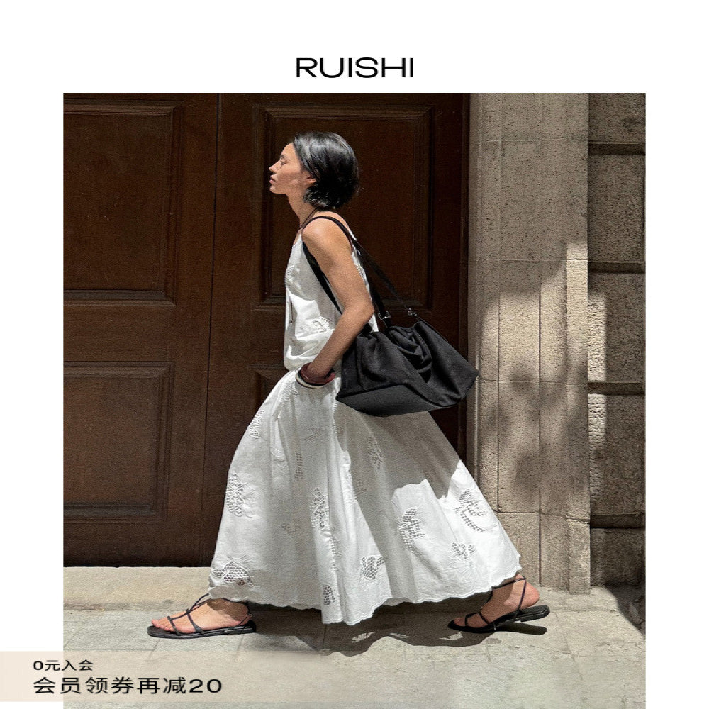 RUISHI Handmade Hollow Custom Embroidery Pure Cotton A line Umbrella Skirt Half Skirt White Women s Summer image 1