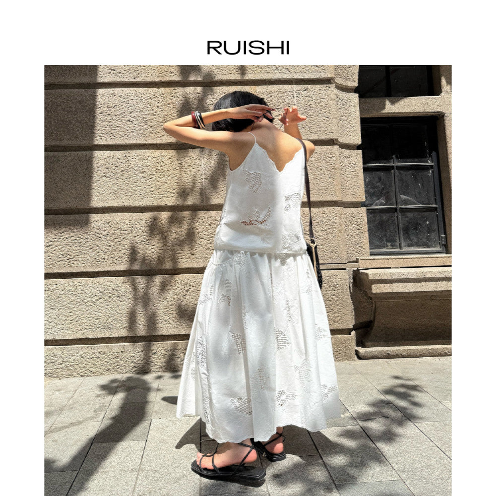RUISHI Handmade Hollow Custom Embroidery Pure Cotton A line Umbrella Skirt Half Skirt White Women s Summer image 2