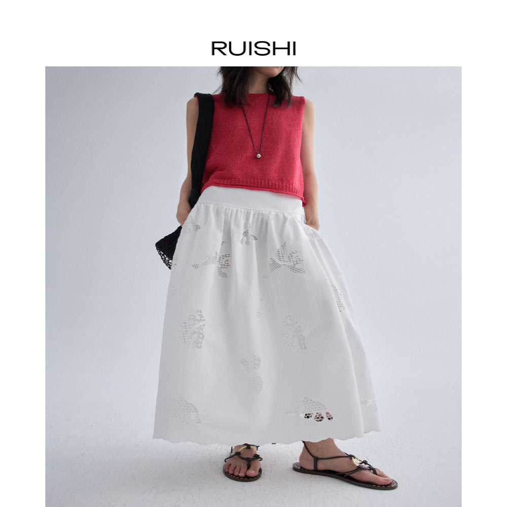 RUISHI Handmade Hollow Custom Embroidery Pure Cotton A line Umbrella Skirt Half Skirt White Women s Summer image 3