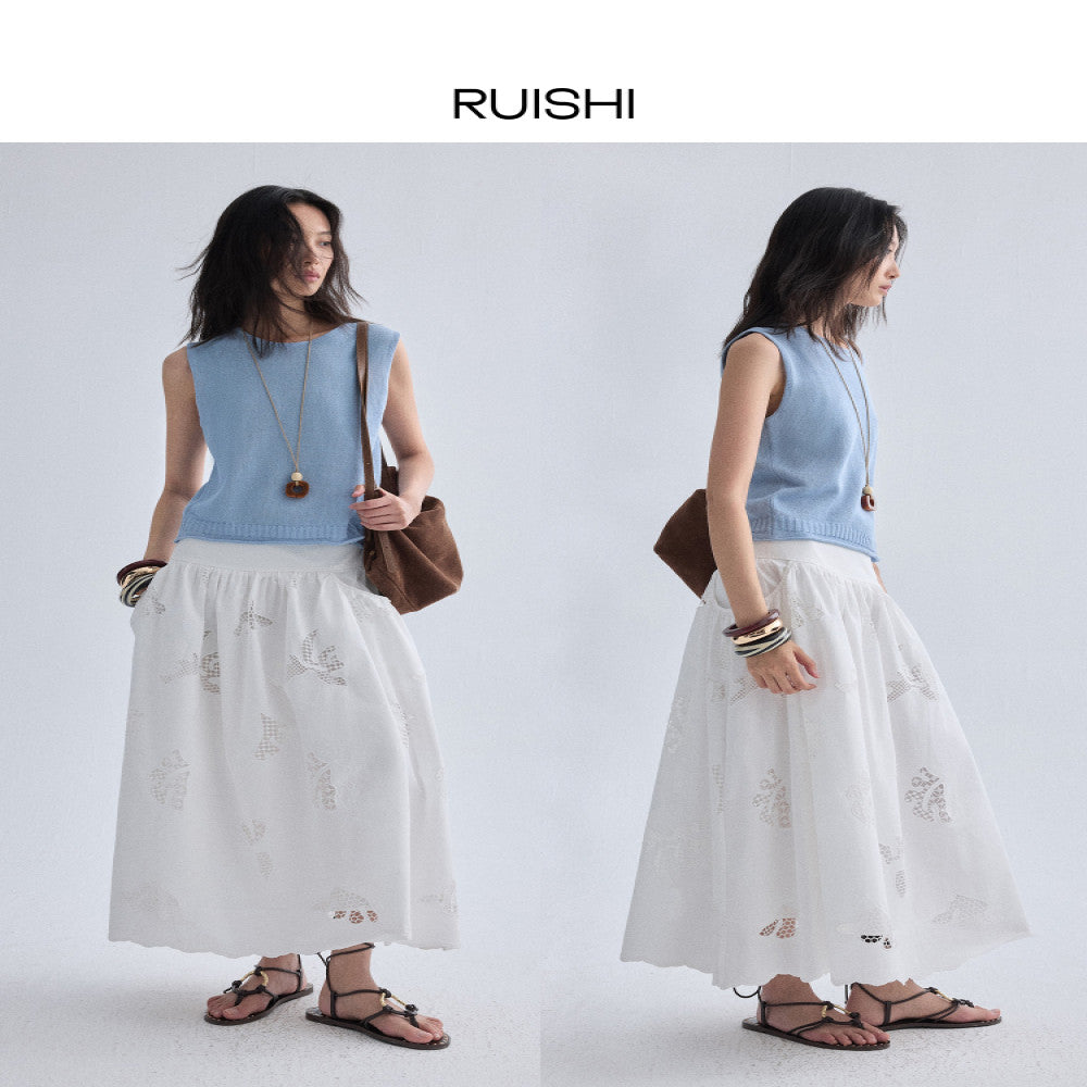 RUISHI Handmade Hollow Custom Embroidery Pure Cotton A line Umbrella Skirt Half Skirt White Women s Summer image 5