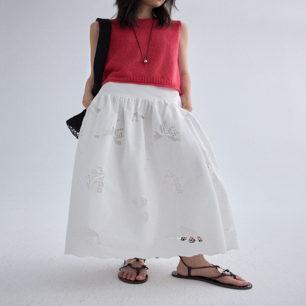 RUISHI Handmade Hollow Custom Embroidery Pure Cotton A line Umbrella Skirt Half Skirt White Women s Summer image 14