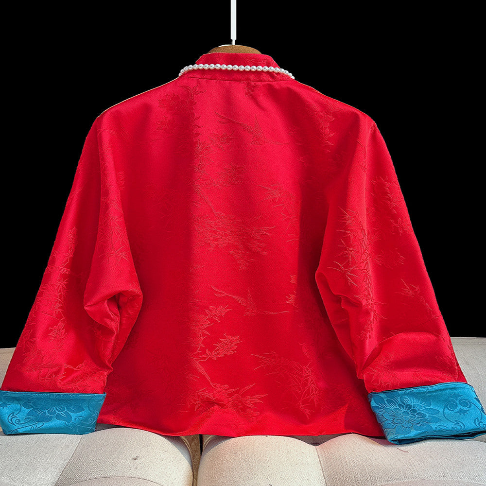 Red new Chinese style buttoned thick cotton jacket female original design New Year retro jacquard Chinese style cotton jacket top image 2