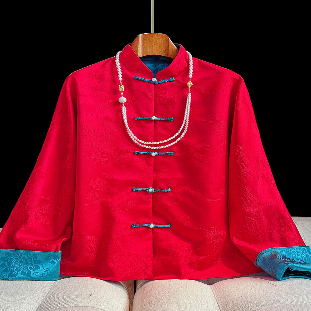 Red new Chinese style buttoned thick cotton jacket female original design New Year retro jacquard Chinese style cotton jacket top image 0