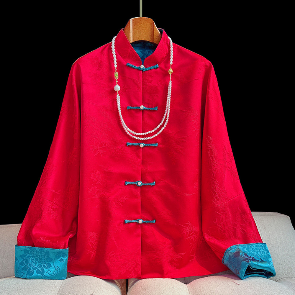 Red new Chinese style buttoned thick cotton jacket female original design New Year retro jacquard Chinese style cotton jacket top image 11