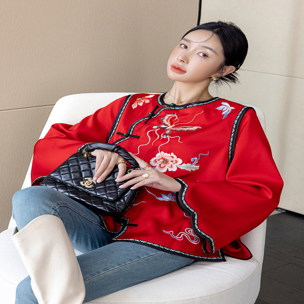 Red China Chic New Chinese Embroidery Acetic Acid Top Women s New Year Celebration Dress Small Guochao Panbuckle Coat Autumn image 25