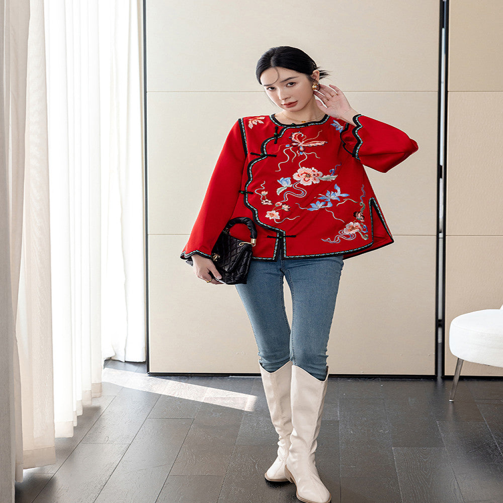 Red China Chic New Chinese Embroidery Acetic Acid Top Women s New Year Celebration Dress Small Guochao Panbuckle Coat Autumn image 26