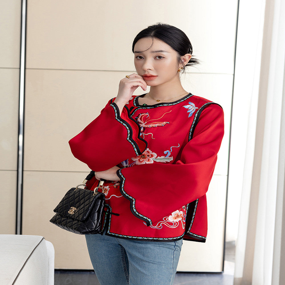 Red China Chic New Chinese Embroidery Acetic Acid Top Women s New Year Celebration Dress Small Guochao Panbuckle Coat Autumn image 27