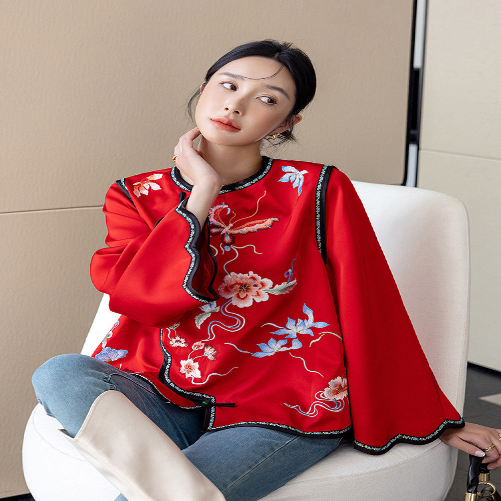 Red China Chic New Chinese Embroidery Acetic Acid Top Women s New Year Celebration Dress Small Guochao Panbuckle Coat Autumn image 0