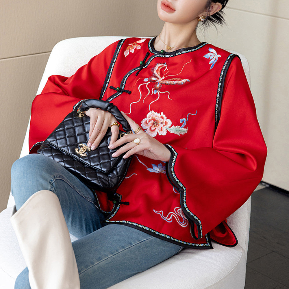 Red China Chic New Chinese Embroidery Acetic Acid Top Women s New Year Celebration Dress Small Guochao Panbuckle Coat Autumn image 32