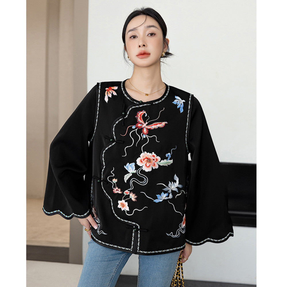 Red China Chic New Chinese Embroidery Acetic Acid Top Women s New Year Celebration Dress Small Guochao Panbuckle Coat Autumn image 5