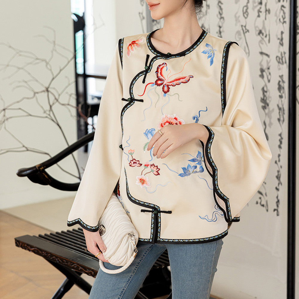 Red China Chic New Chinese Embroidery Acetic Acid Top Women s New Year Celebration Dress Small Guochao Panbuckle Coat Autumn image 21