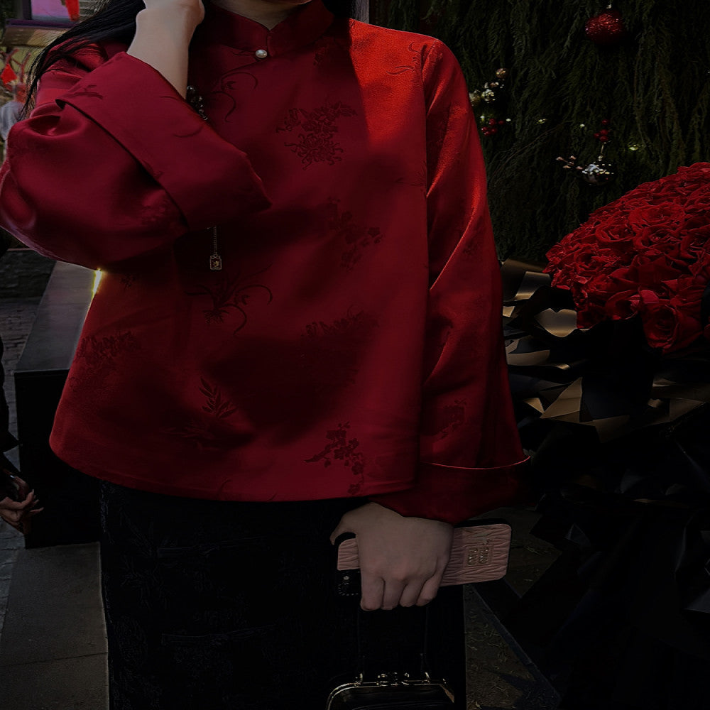 Red acetate jacquard Chinese style tops for women original design fashionable national trend retro improved new Chinese style buttoned shirt image 2