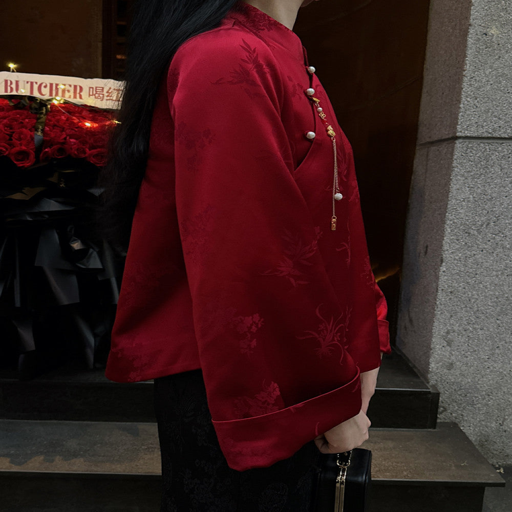 Red acetate jacquard Chinese style tops for women original design fashionable national trend retro improved new Chinese style buttoned shirt image 3