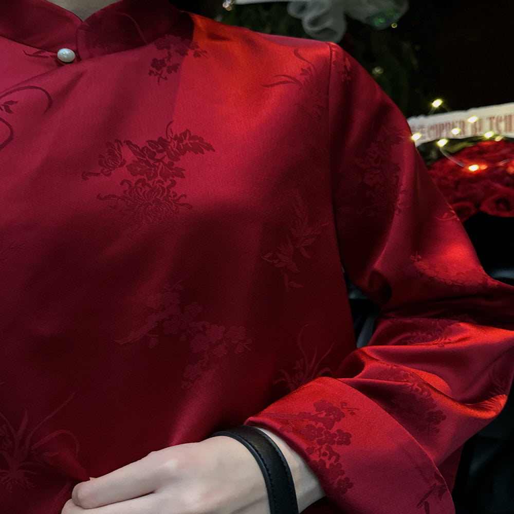 Red acetate jacquard Chinese style tops for women original design fashionable national trend retro improved new Chinese style buttoned shirt image 4