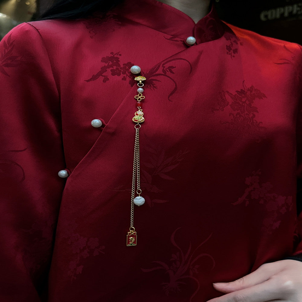 Red acetate jacquard Chinese style tops for women original design fashionable national trend retro improved new Chinese style buttoned shirt image 5