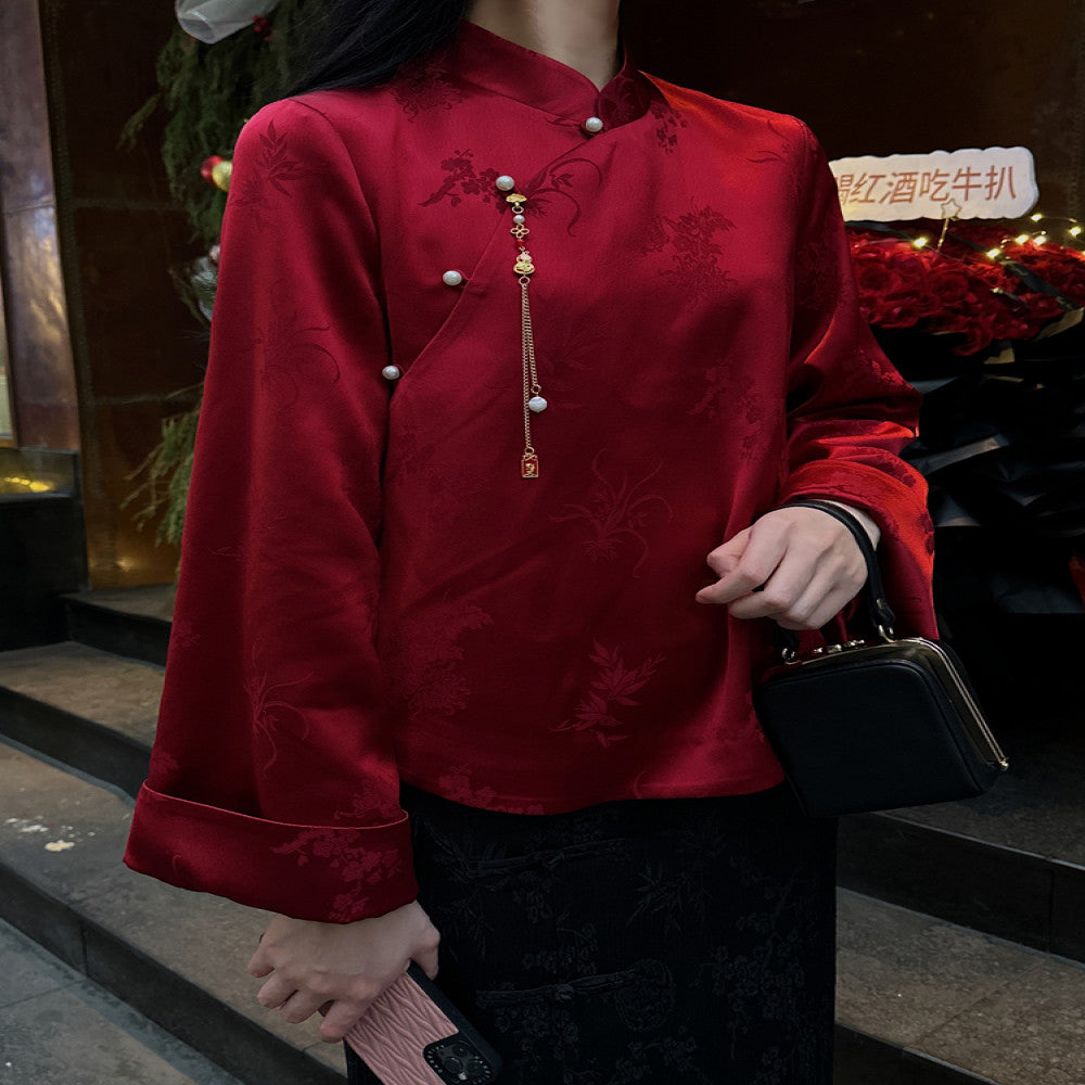 Red acetate jacquard Chinese style tops for women original design fashionable national trend retro improved new Chinese style buttoned shirt image 0